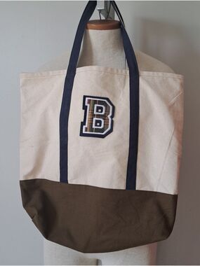 Canvas Tote Bag embroidered monogrammed "B" Patch beige olive green shopper XL